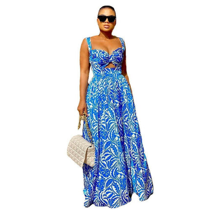 Summer Floral Dresses for Women Spaghetti Straps Sleeveless Cut Out Flowy Maxi Dresses