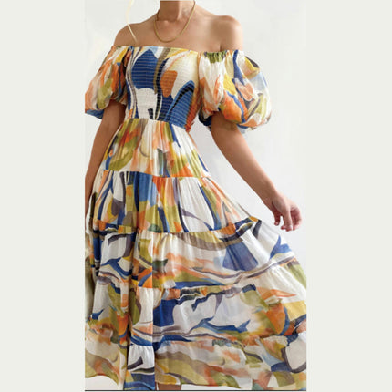 Women Summer Casual Bohemian Floral Dresses Off The Shoulder Puff Short Sleeve Maxi Dress