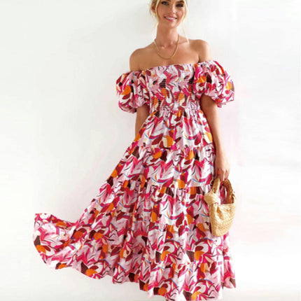 Women Summer Casual Bohemian Floral Dresses Off The Shoulder Puff Short Sleeve Maxi Dress