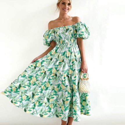 Women Summer Casual Bohemian Floral Dresses Off The Shoulder Puff Short Sleeve Maxi Dress