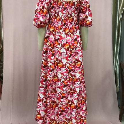 Women Summer Casual Bohemian Floral Dresses Off The Shoulder Puff Short Sleeve Maxi Dress