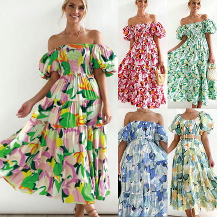 Women Summer Casual Bohemian Floral Dresses Off The Shoulder Puff Short Sleeve Maxi Dress