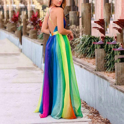 Women Summer Rainbow Deep V Neck Dress Spaghetti Straps Backless Flowy Maxi Dresses