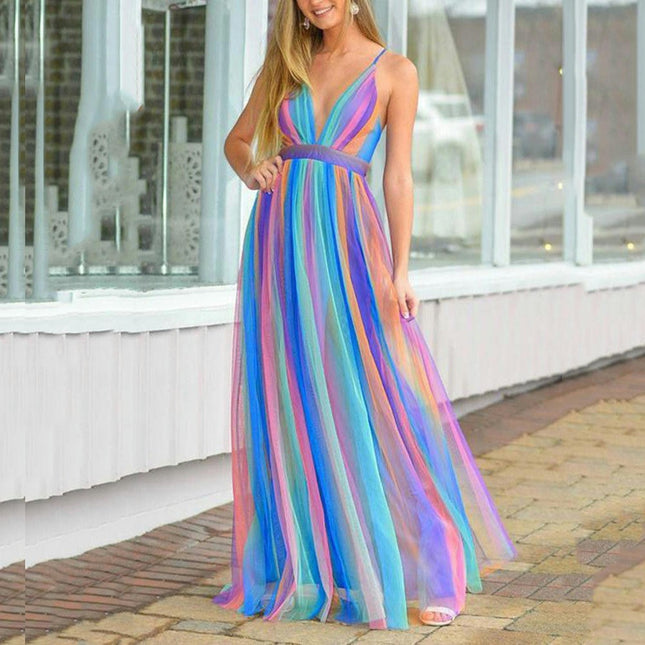 Women Summer Rainbow Deep V Neck Dress Spaghetti Straps Backless Flowy Maxi Dresses