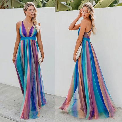 Women Summer Rainbow Deep V Neck Dress Spaghetti Straps Backless Flowy Maxi Dresses