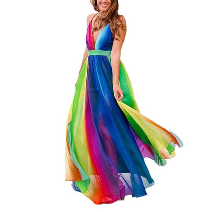 Women Summer Rainbow Deep V Neck Dress Spaghetti Straps Backless Flowy Maxi Dresses