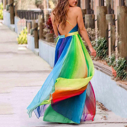 Women Summer Rainbow Deep V Neck Dress Spaghetti Straps Backless Flowy Maxi Dresses