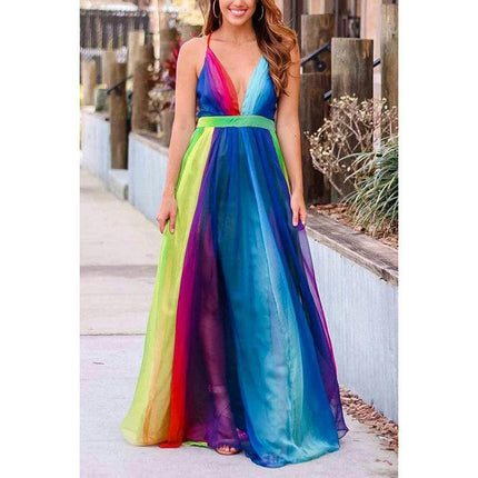 Women Summer Rainbow Deep V Neck Dress Spaghetti Straps Backless Flowy Maxi Dresses