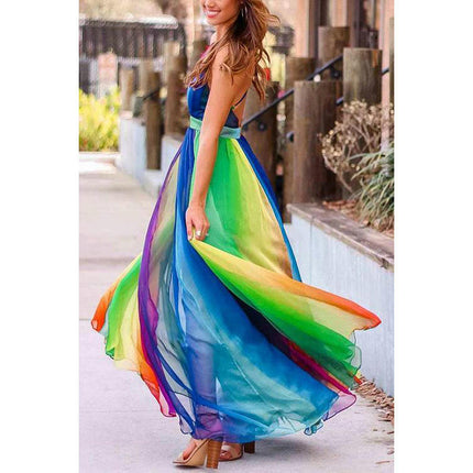 Women Summer Rainbow Deep V Neck Dress Spaghetti Straps Backless Flowy Maxi Dresses