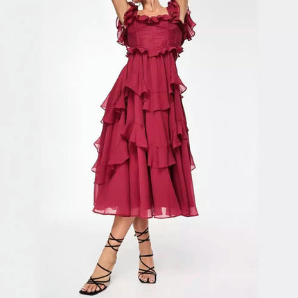 Summer Square Neck Dresses for Women Short Sleeve Ruched Ruffled Tiered Midi Dress