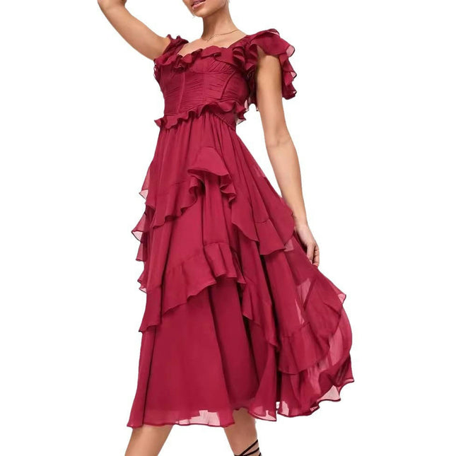 Summer Square Neck Dresses for Women Short Sleeve Ruched Ruffled Tiered Midi Dress