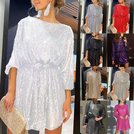 Women's Sparkly Sequins Party Long Sleeve Crew Neck Elegant Loose Dress