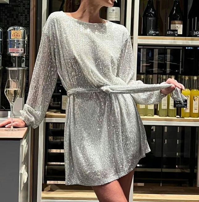 Women's Sparkly Sequins Party Long Sleeve Crew Neck Elegant Loose Dress