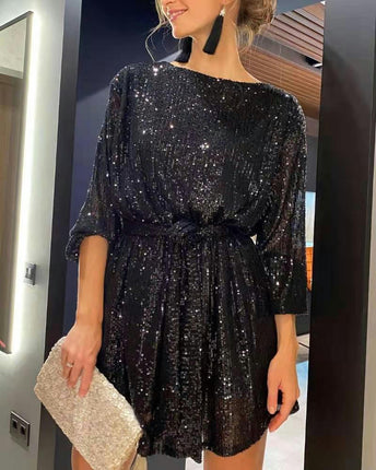 Women's Sparkly Sequins Party Long Sleeve Crew Neck Elegant Loose Dress