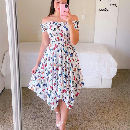 Women's Floral Off The Shoulder Midi Dress Summer Boho Asymmetrical Hem Dresses