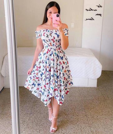 Women's Floral Off The Shoulder Midi Dress Summer Boho Asymmetrical Hem Dresses