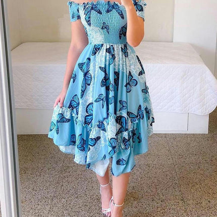 Women's Floral Off The Shoulder Midi Dress Summer Boho Asymmetrical Hem Dresses