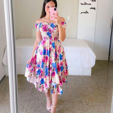 Women's Floral Off The Shoulder Midi Dress Summer Boho Asymmetrical Hem Dresses