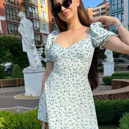 Women's Summer Floral Mini Dress Puffy Short Sleeve Backless A Line Flowy Dresses