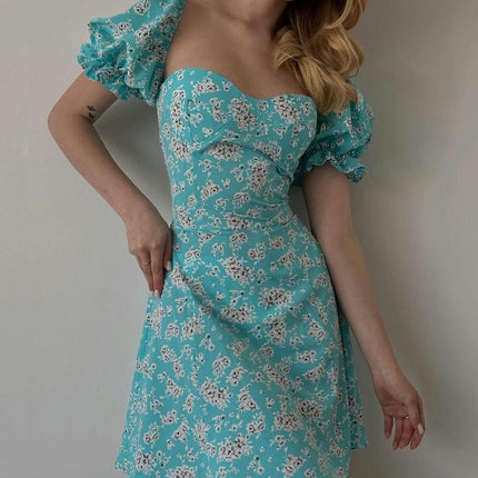 Women's Summer Floral Mini Dress Puffy Short Sleeve Backless A Line Flowy Dresses