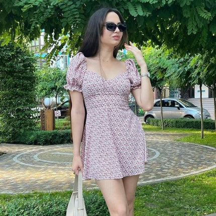 Women's Summer Floral Mini Dress Puffy Short Sleeve Backless A Line Flowy Dresses