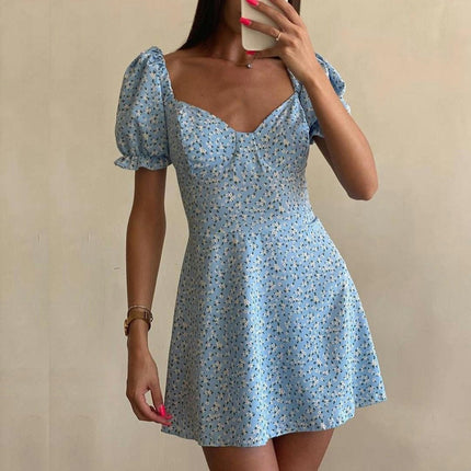 Women's Summer Floral Mini Dress Puffy Short Sleeve Backless A Line Flowy Dresses