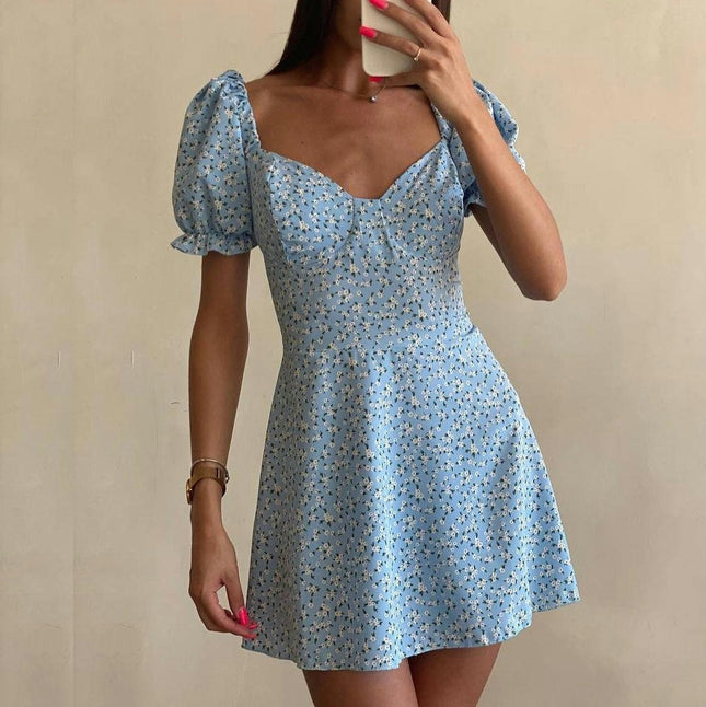 Women's Summer Floral Mini Dress Puffy Short Sleeve Backless A Line Flowy Dresses