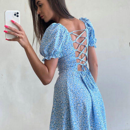 Women's Summer Floral Mini Dress Puffy Short Sleeve Backless A Line Flowy Dresses