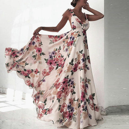 Womens Summer Maxi Dress V Neck Sleeveless Backless Floral Beach Dresses