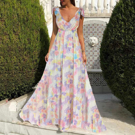 Womens Summer Maxi Dress V Neck Sleeveless Backless Floral Beach Dresses