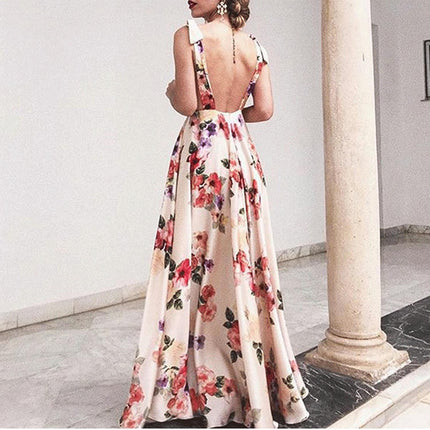 Womens Summer Maxi Dress V Neck Sleeveless Backless Floral Beach Dresses