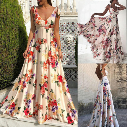 Womens Summer Maxi Dress V Neck Sleeveless Backless Floral Beach Dresses