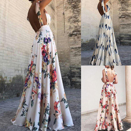 Womens Summer Maxi Dress V Neck Sleeveless Backless Floral Beach Dresses