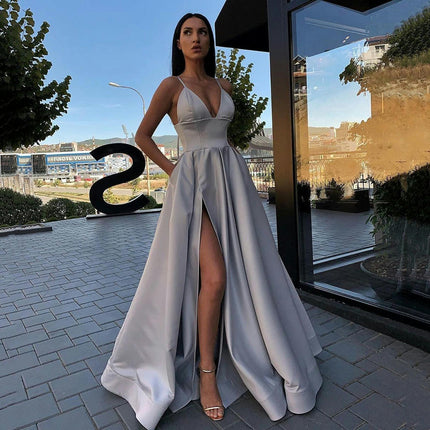 Women Party Sexy V Neck Slit Prom Maxi Dress Formal Elegant Evening Gowns Dresses