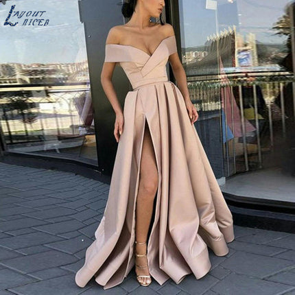 Off Shoulder Satin Prom Dresses Ball Gown Formal Dresses for Women Wedding Dress with Slit