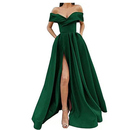 Off Shoulder Satin Prom Dresses Ball Gown Formal Dresses for Women Wedding Dress with Slit