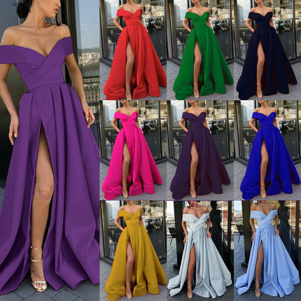 Off Shoulder Satin Prom Dresses Ball Gown Formal Dresses for Women Wedding Dress with Slit