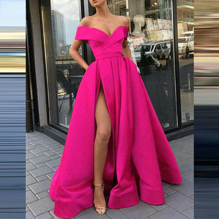 Off Shoulder Satin Prom Dresses Ball Gown Formal Dresses for Women Wedding Dress with Slit