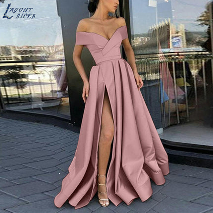 Off Shoulder Satin Prom Dresses Ball Gown Formal Dresses for Women Wedding Dress with Slit