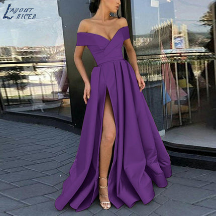 Off Shoulder Satin Prom Dresses Ball Gown Formal Dresses for Women Wedding Dress with Slit