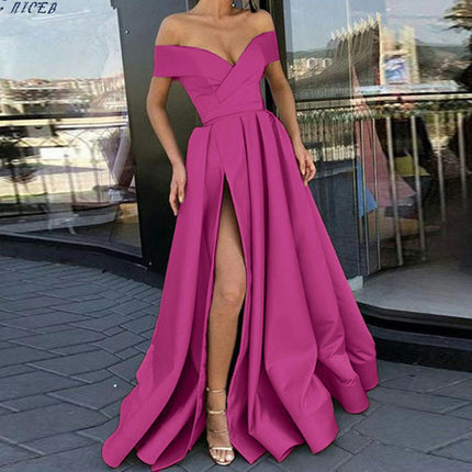 Off Shoulder Satin Prom Dresses Ball Gown Formal Dresses for Women Wedding Dress with Slit