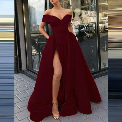 Off Shoulder Satin Prom Dresses Ball Gown Formal Dresses for Women Wedding Dress with Slit