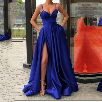 Spaghetti Strap Satin Prom Dresses Ball Gown Formal Dresses for Women Wedding Dress with Slit