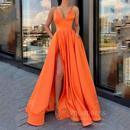 Spaghetti Strap Satin Prom Dresses Ball Gown Formal Dresses for Women Wedding Dress with Slit