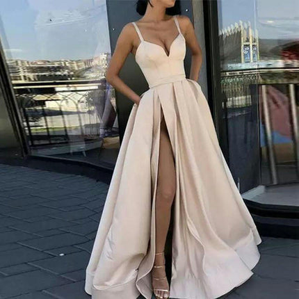 Spaghetti Strap Satin Prom Dresses Ball Gown Formal Dresses for Women Wedding Dress with Slit