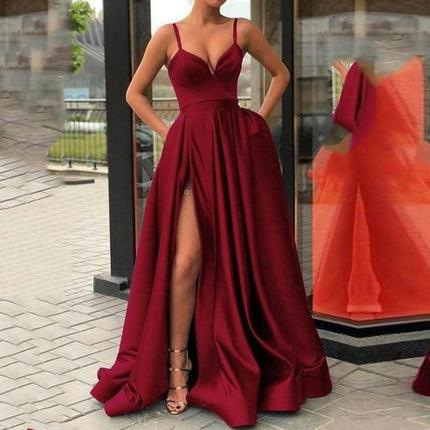 Spaghetti Strap Satin Prom Dresses Ball Gown Formal Dresses for Women Wedding Dress with Slit