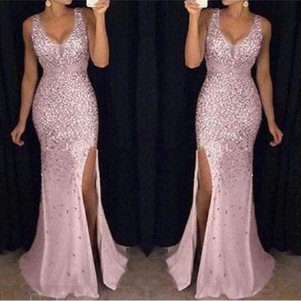 Sparkly Sequin Tulle Prom Dresses V Neck Sleeveless Slit Mermaid Formal Dress for Women