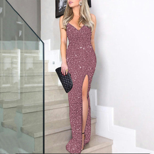 Women's Spaghetti Strap Bodycon Prom Dresses Long Sequin Formal Evening Gowns with Slit