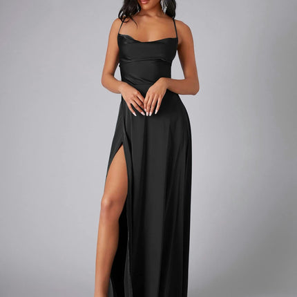 Womens Long Spaghetti Strap Satin Prom Dress Backless Slit Evening Ball Gown