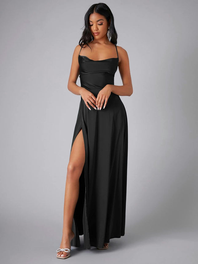 Womens Long Spaghetti Strap Satin Prom Dress Backless Slit Evening Ball Gown